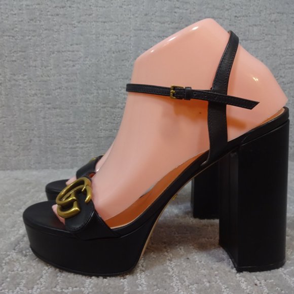 Gucci Marmont Double G Women's Size 39 EU Black Leather High Heel Sandals Shoes - Picture 4 of 14
